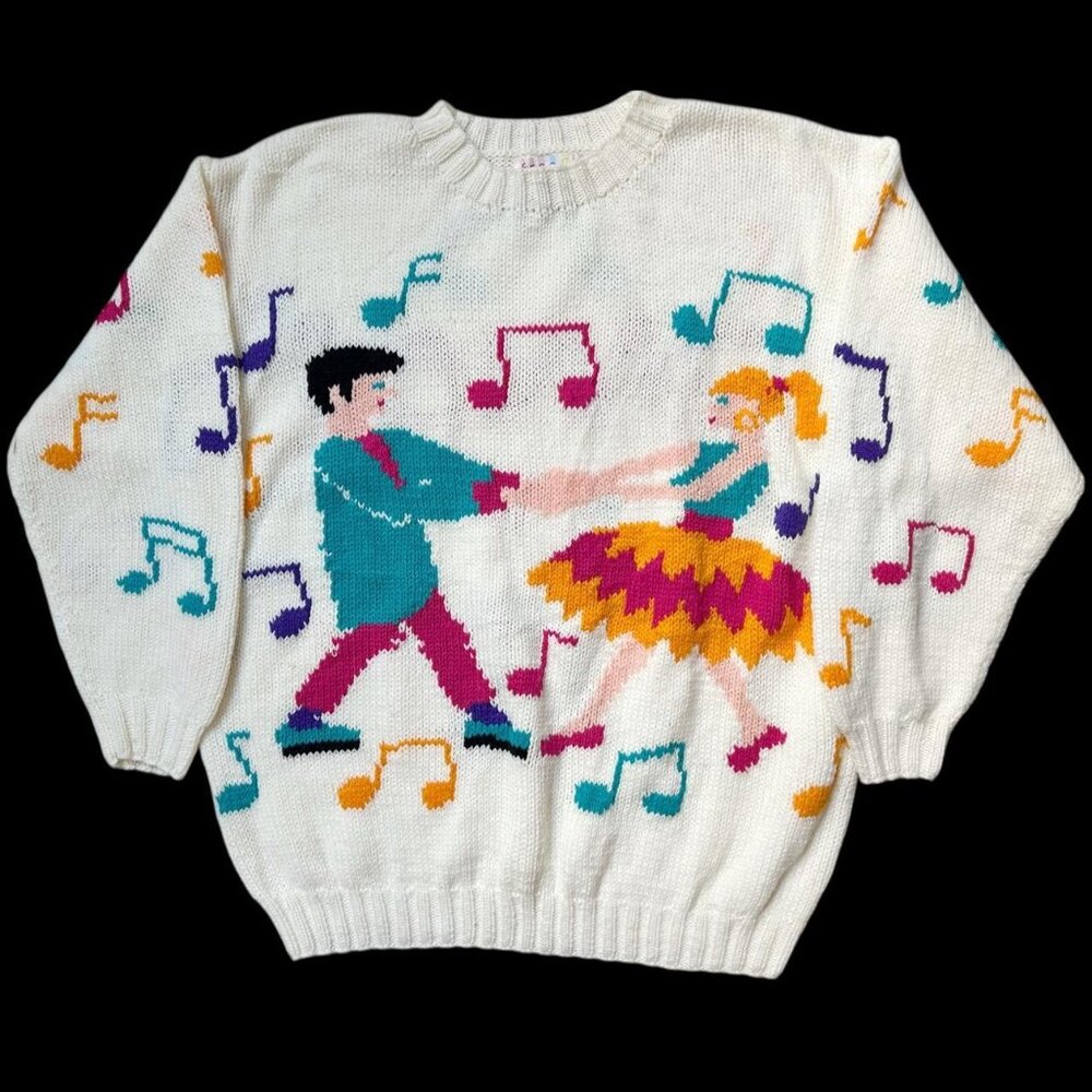 80s Vintage Freego Dance Knitted Graphic Sweater Dancers Music Notes Design.